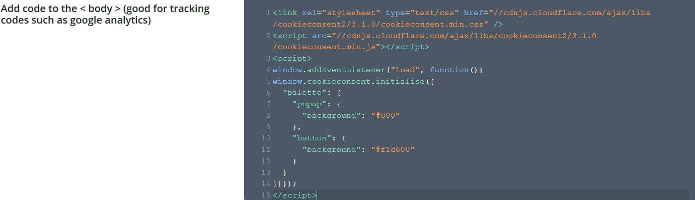 add the cookie notice javascript code to Divi